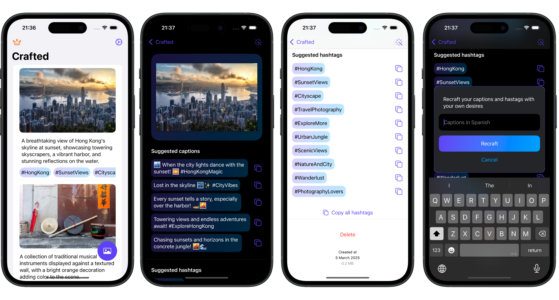 CraftCaption app interface showing multiple screens